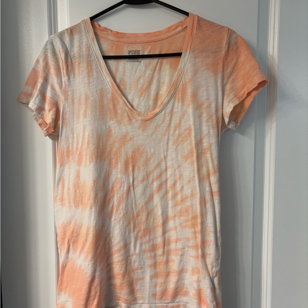 PINK Victoria's Secret Orange and White Short Sleeve V Neck